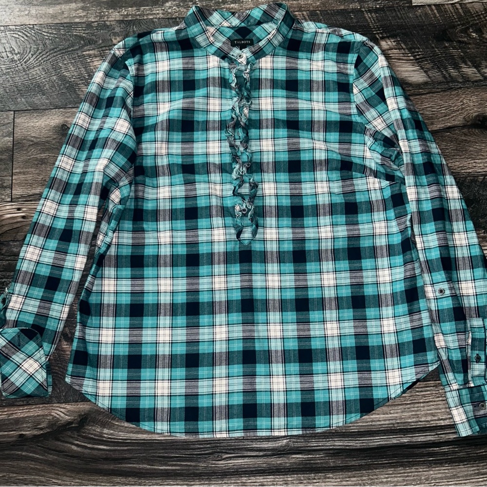 Talbots Women’s 100% Soft Cotton Teal Plaid Ruffle Detail Shirt Size 16